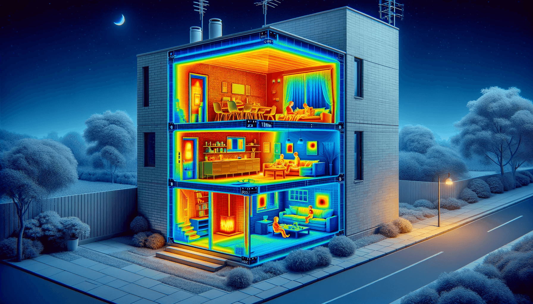  The image displays a cross-sectional view of a three-story building at night, depicted as if it were seen through a thermal imaging camera. The thermal perspective highlights various temperatures throughout the building with a color gradient where warm areas are in red and orange hues, indicating higher temperatures, and cooler areas are in blue and purple hues, indicating lower temperatures.  On the top floor, two individuals appear to be engaging in a conversation in a warmly lit living area. The middle floor shows another pair in a living room, one seated on a sofa and the other in an armchair, suggesting a relaxed, home environment. The ground floor reveals someone entering through the front door, captured in a moment of transition from the cool outdoor environment to the warmth of the home.  Outside, the trees and surroundings are depicted in cool blues and purples, illustrating the coldness of the night contrasted with the warm, inviting interior of the house. This thermographic imaging technique is commonly used to assess heat loss in buildings and the effectiveness of insulation, resonating with themes of energy efficiency and the impact of human activity on energy consumption.