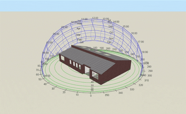 3D solar path diagram illustrating building orientation, sun angles and daylight exposure for SBEM daylight assessment and energy modelling