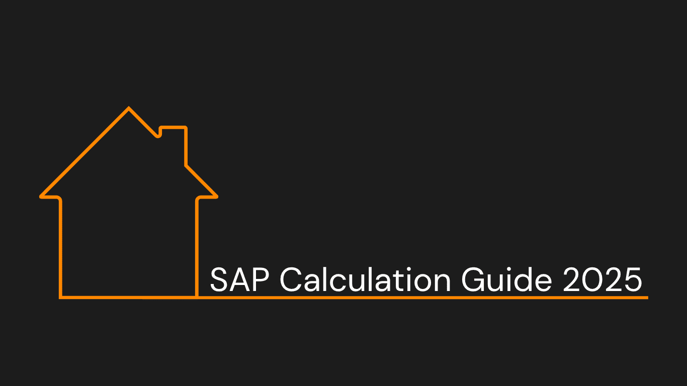 Outline of a house with the text 'SAP Calculation Guide 2025' on a dark background, representing UK building compliance.